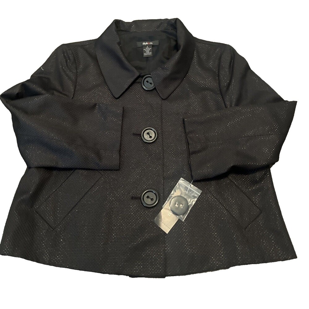 STYLE & CO Women’s Shiny Finish Lined Button Front Swing Jacket Black Size 8 - Picture 1 of 11